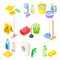 Household Cleaning Equipments with Mop, Broom and Bottles with Detergents Isometric Vector Set