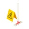 Household Cleaning Equipments with Plastic Mop and Yellow Warning Sign Isometric Vector Composition
