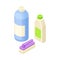 Household Cleaning Equipments with Scrub Brush and Detergent in Bottles Isometric Vector Composition