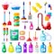 Household cleaning tools, detergent and supplies. Vector house cleaning and housework isolated design elements.
