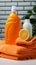 Household freshness Orange liquid washing powder bottle beside neatly folded towels