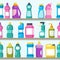 Household goods and cleaning supplies on supermarket shelves seamless vector background