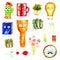 Household items lightbulb broom mug cactus smiling positive colorful characters cartoon fairy tale children`s funny watercolor is