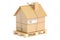 Household moving services concept. Pallet with cardboard house p