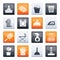 Household objects and tools icons over color background