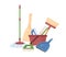 Household plastic tools such as broom, mop, bucket, scoop and brushes for cleanup. Manual domestic supplies for sweeping