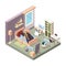 Household robots. Future domestic vehicles man robotic cleaner working in interior smart technology vector illustration