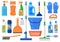 Household supplies, cleaning services tools and detergent bottles. Cleaning supplies, detergents, brush, bucket and mop