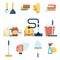 Household supplies and cleaning tools flat icons vector signs