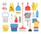 Householding cleaning tools. Housekeeping tool icons for home and office cleaning, bucket and foam, detergent bottles