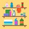 Households goods shelves. Chemical detergent bottles in laundry service room vector flat composition