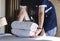 Housekeeper cleaning a hotel room