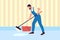 Housekeeper mopping floor. Cleaning service worker. Mop and bucket. Home wet cleanup. Man in overalls. Apartment washing