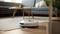 Housekeeping automated vacuum robot machine on floor in modern living room for autonomy of household concepts
