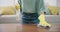 Housekeeping, closeup and woman cleaning the table with detergent, cloth and gloves in living room. Zoom of female maid