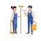 Housekeeping couple workers with tools characters