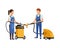 Housekeeping couple workers with vacuuns cleaners appliances