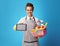 Housemaid with basket with detergents  showing tablet PC