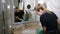 Housemaid cleaning white sink in hotel bathroom with detergent liquid. Young woman cleaning bathroom wiping surface with