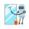 Housemaid robot character cleaning glass window with a squeegee and bucket vector Illustration