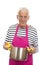 Houseman with pink apron and cooking pan