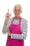 Houseman with pink apron and finger up