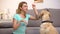 Housepet owner teaching retriever dog performing commands, animal discipline