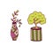 Houseplant vector icons. Floral print design. Nature stickers with bonsai and branch in vase