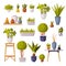 Houseplants Collection, Potted Plants and Vases for Office, Room Decoration Cartoon Style Vector Illustration on White