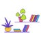 Houseplants and colorful books on shelves. Modern minimalistic room decor and cozy interior design vector illustration