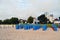 Houses and beach chairs in the rising sun on Ruegen