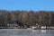 Houses among birches on the icy lake