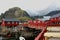 Houses and boats off the coast. Islands of Lofoten, Norway.