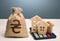Houses on a calculator and ukrainian hryvnia money bag. Realty or rental business. Real estate valuation. Buying and selling.