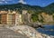 Houses of Camogli and the Dragonara castle along the shoreline of the Ligurian Sea, Camogli, Italy.