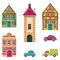 Houses and car icon, cottage buildings set, vector cartoon illustration, exterior design, facade, front view