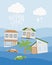Houses and cars flooding under water concept. Flood natural disaster with rainstorm, weather hazard. Global warming and climate