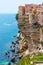 The houses on the cliff`s edge, Ville Haute upper town, Bonifacio, Corsica, France