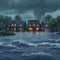 Houses engulfed in a torrential downpour amid a violent storm