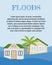 Houses flooding under water concept. Flood natural disaster with rainstorm, weather hazard. Global warming and climate change