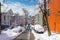 Houses in historic Bunker Hill area after snow storm in Boston, Massachusetts