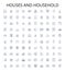 Houses and household outline icons collection. House, Household, Home, Dwelling, Residence, Abode, Villa vector