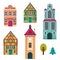 Houses icon, cottage buildings set, vector cartoon illustration, exterior design, facade, front view.