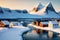 Houses on the Lofoten islands in winter, Norway.