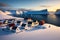 Houses on the Lofoten islands in winter, Norway.