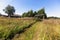 Houses, meadow and fence in village. Nature.