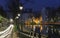 The houses near Canal Saint-Martin at night .It is long canal in Paris, connecting the Canal de l`Ourcq to the river Seine