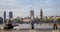 Houses of Parliament and Big Ben with the Hungerford and Golden Jubilee bridges in London, UK