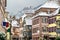 Houses in Ribeauville and the Saint Ulrich Castle in the Vosges Mountains. Alsace, France