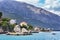 Houses rocks and mountain at greek sea